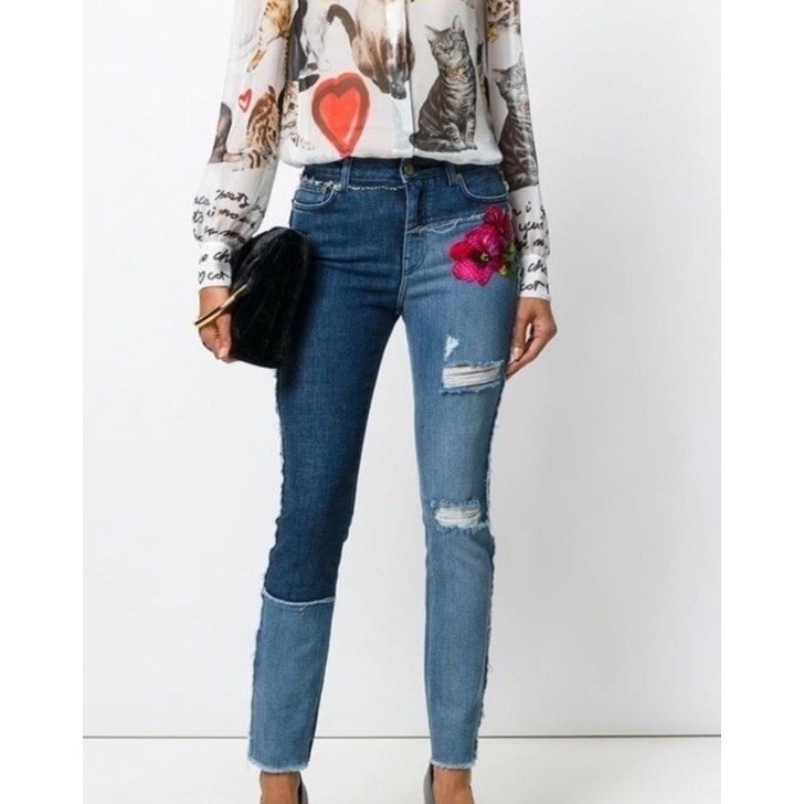 Dolce & Gabbana Blue Jeans Two Tone Front Embroidery Size: 42it Made In Italy